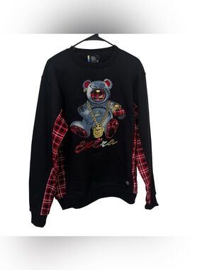 Bleecker & Mercer Sweater with Red Plaid Accents and denim Bear / extra size L